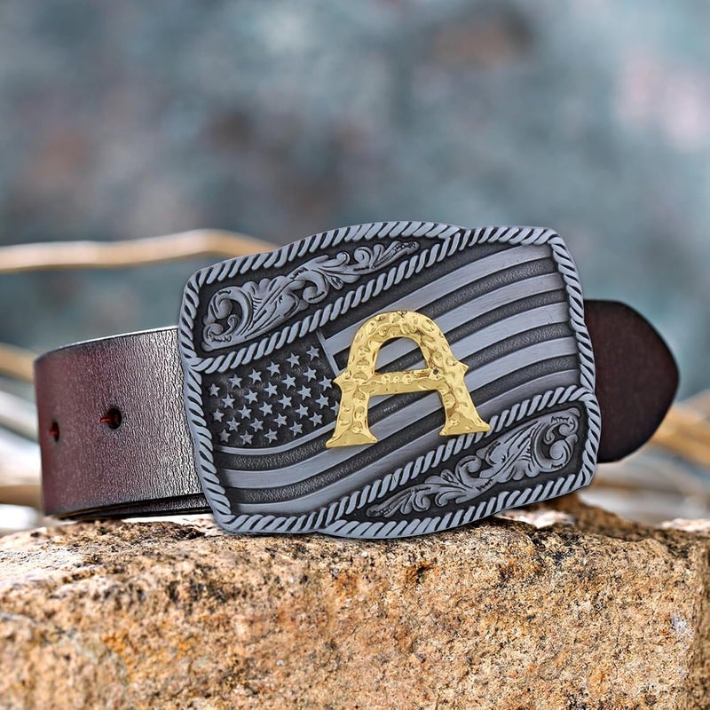 Fibbadet Store Western Cowboy Initial Letters A-Z American Flag Belt Buckle for Men Fathers Day Boyfriend Husband - Image 2